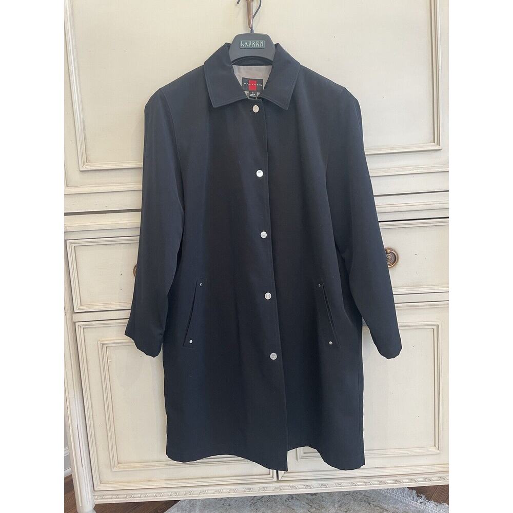 Gallery‎ Womens Black Trench Coat Sz M Front Silver Snap Buttons
